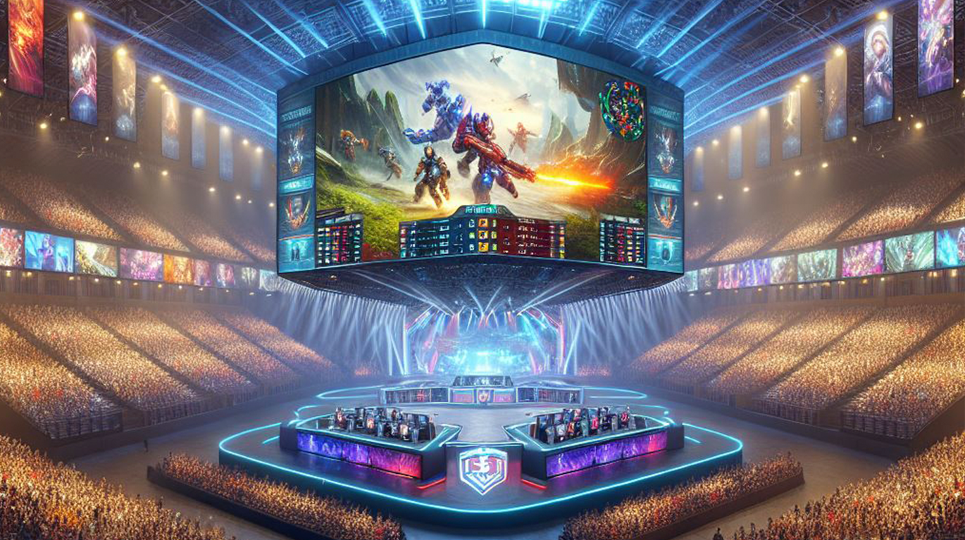 An expansive eGame arena in the MENA region, filled with gamers and spectators, highlighting the importance of Arabic video game localization.